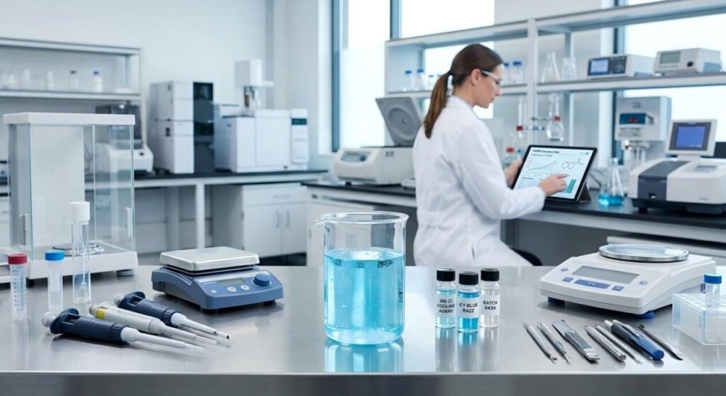 A professional glimpse into a state-of-the-art flavor laboratory where scientists develop high-tech, icy-blue e-liquid formulations.