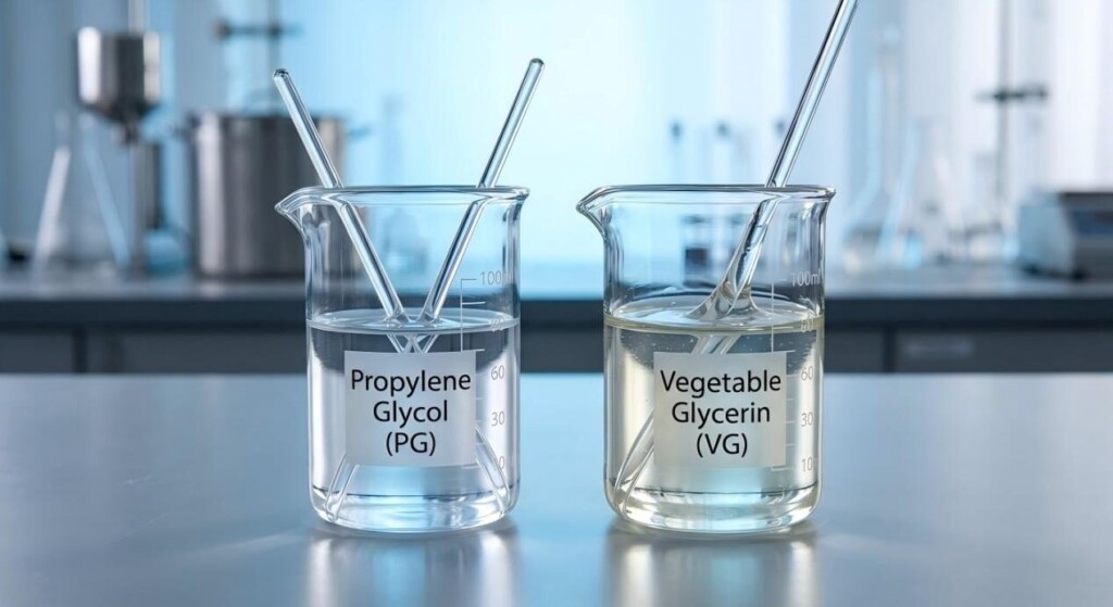 A high-quality laboratory comparison showing the physical difference in viscosity between Propylene Glycol (PG) and Vegetable Glycerin (VG) in clear beakers.
