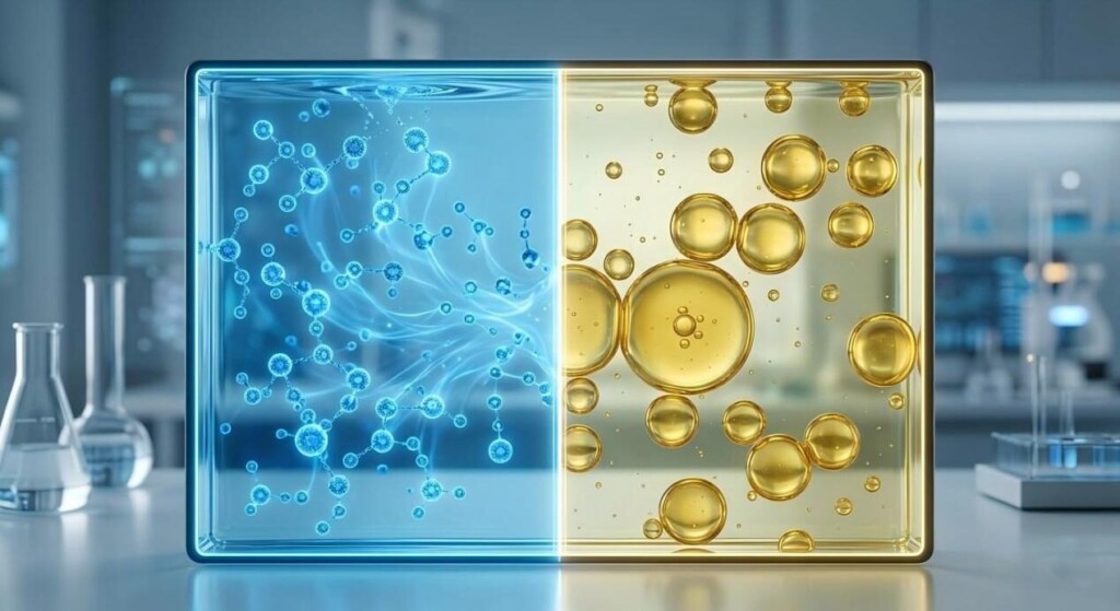 A high-resolution macro conceptual image comparing hydrophilic molecules dissolving in liquid versus hydrophobic oil droplets in suspension.