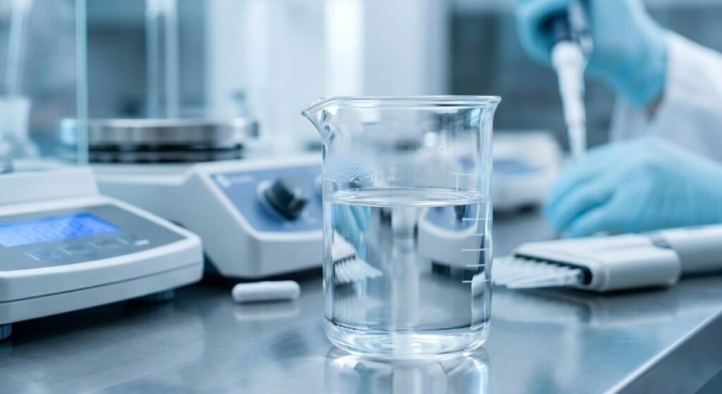 A high-quality macro photograph of a professional laboratory setting focusing on precision chemical formulation and research.