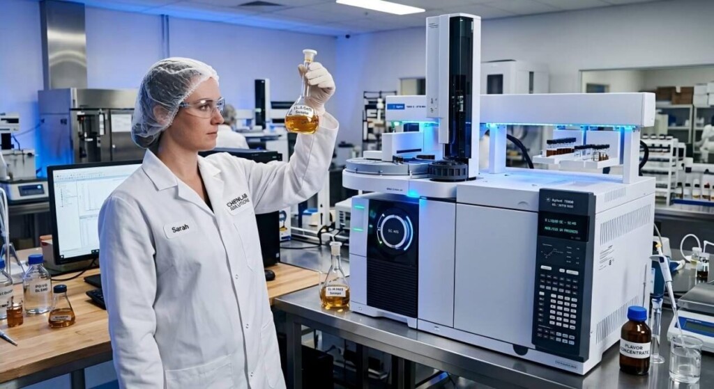 A professional scientist conducts e-liquid quality control testing using modern Gas Chromatography-Mass Spectrometry (GC-MS) equipment in a high-tech chemical laboratory.