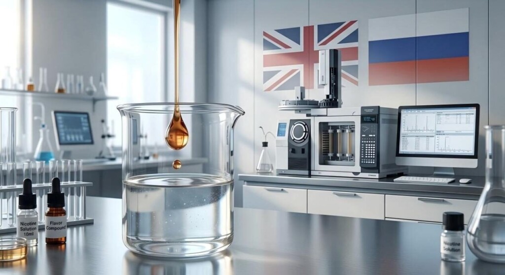 A high-tech chemical laboratory showcasing a single-fruit e-liquid droplet falling into a glass beaker with a GC-MS machine and UK-Russia flags in the background.