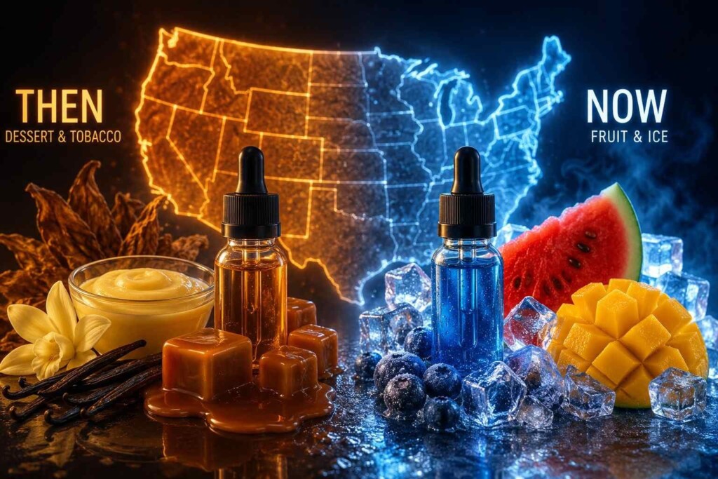 A cinematic photorealistic image showcasing the evolution of e-liquid flavors from warm dessert-inspired profiles to modern fruit ice formulations, symbolizing changing consumer preferences in the U.S. vape market.
