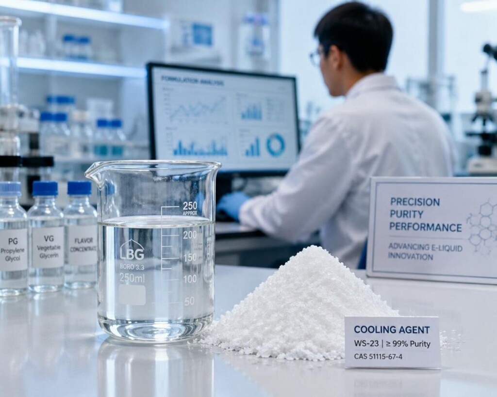 Professional chemical laboratory with e-liquid beaker and WS-23 cooling agent powder in focus, technician analyzing data in the background.