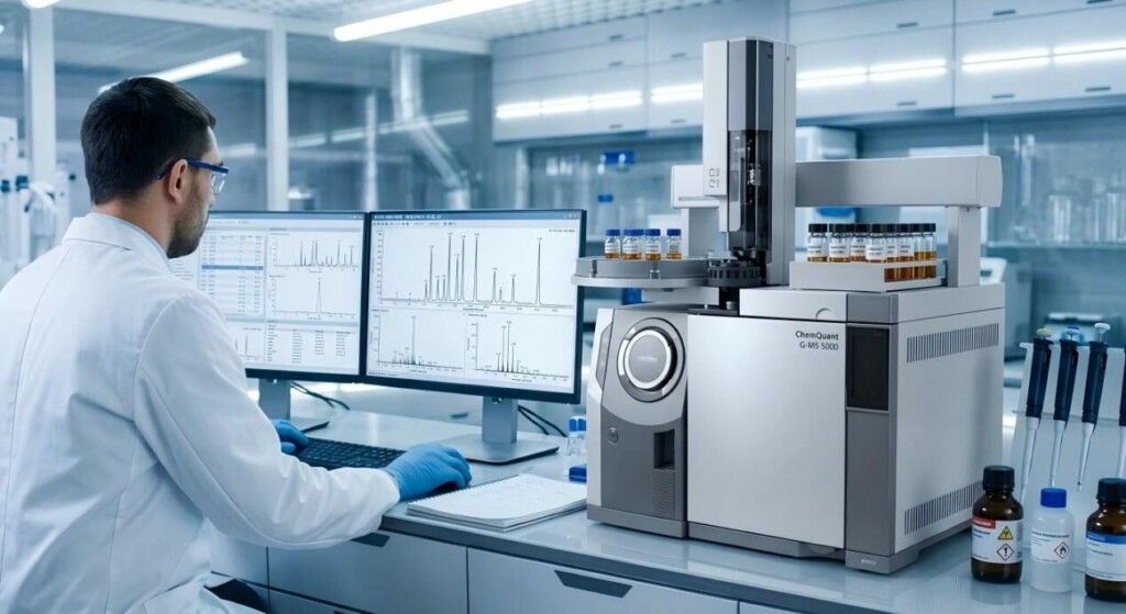 Professional GC-MS testing in a modern laboratory ensures e-liquid purity and precise chemical profiling for safety and compliance.