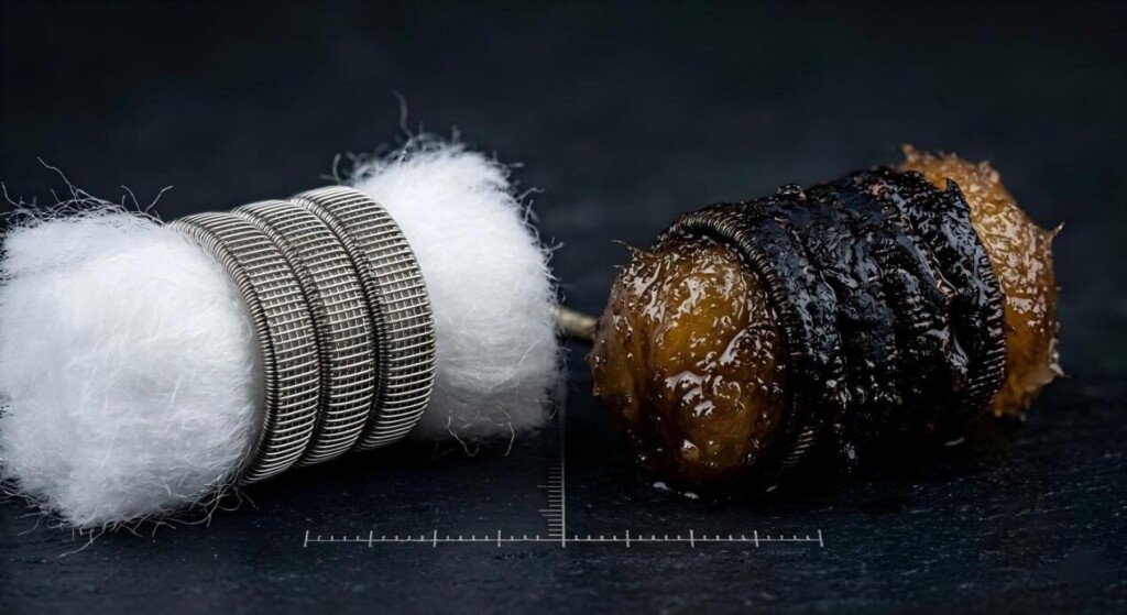 A detailed macro comparison between a new mesh vape coil and a carbonized, burnt coil.