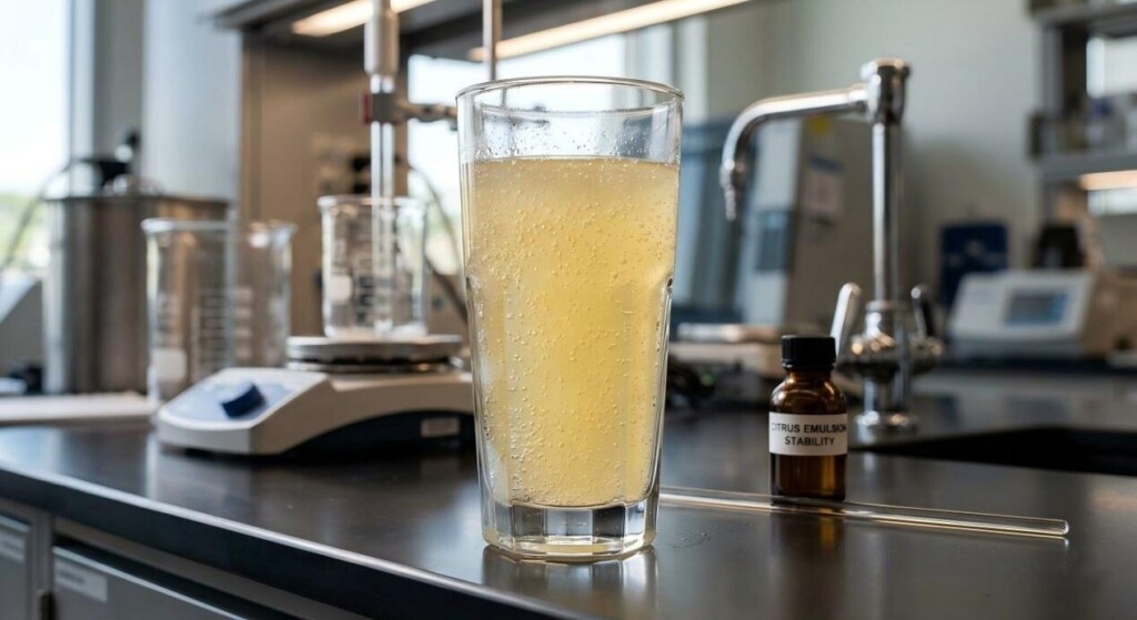 Professional macro photograph of a clear citrus beverage featuring a stable, uniform emulsion.