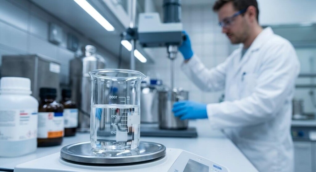 A high-resolution view of a modern chemical laboratory focusing on precision e-liquid homogenization.