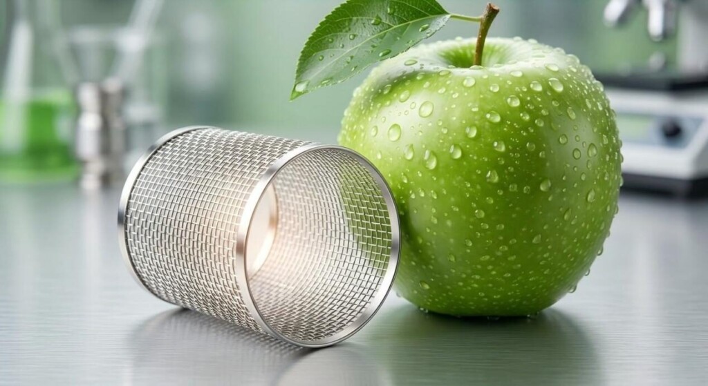 A detailed macro photograph of a pristine, glowing e-cigarette mesh coil next to a misted green apple, illustrating the clean properties of mono-flavor e-liquids.