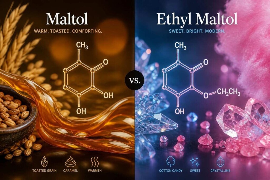 Split-screen macro visualization comparing Maltol and Ethyl Maltol, highlighting warm caramelized notes versus bright candy-like sweetness in a striking conceptual design.