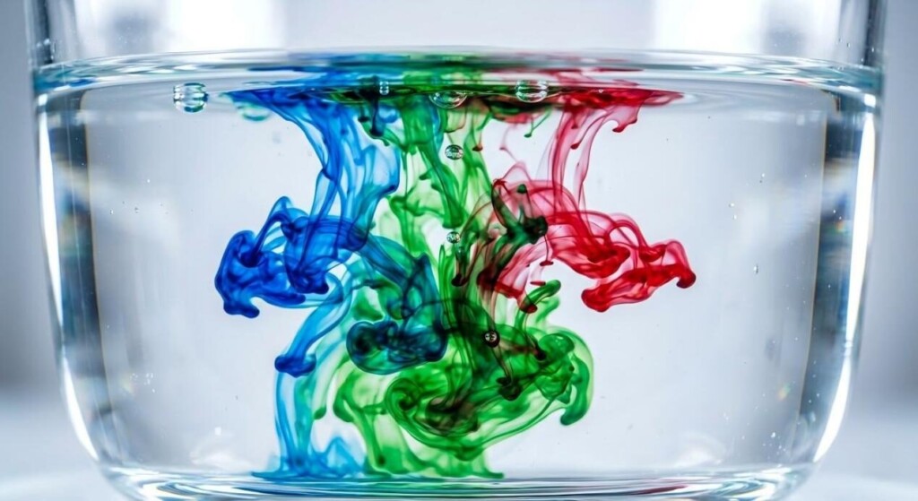 An extreme macro close-up capturing vibrant, colorful flavor concentrate droplets dissolving and swirling into a clear liquid basin to demonstrate solubility.