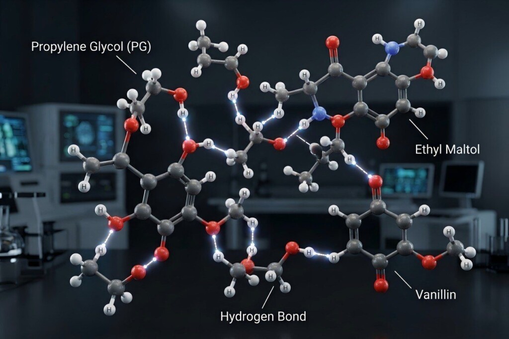 A realistic 3D scientific illustration showing the luminescent hydrogen bonding process between PG molecules and hydrophilic flavor compounds.
