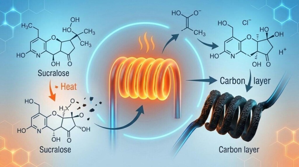 A scientific infographic illustrating how heat degrades sucralose on a vape coil, leading to chemical breakdown and carbon layer formation.