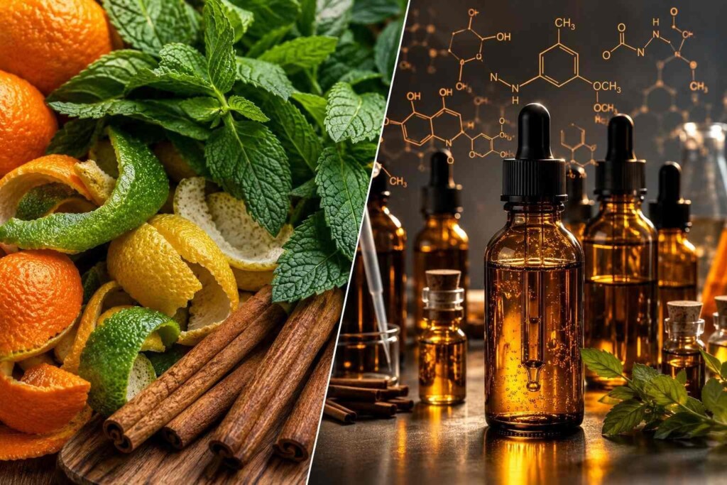 A macro split-screen visual showing fresh natural ingredients alongside refined scientific extracts, highlighting the transformation from raw botanicals to precision-engineered e-liquid flavors.