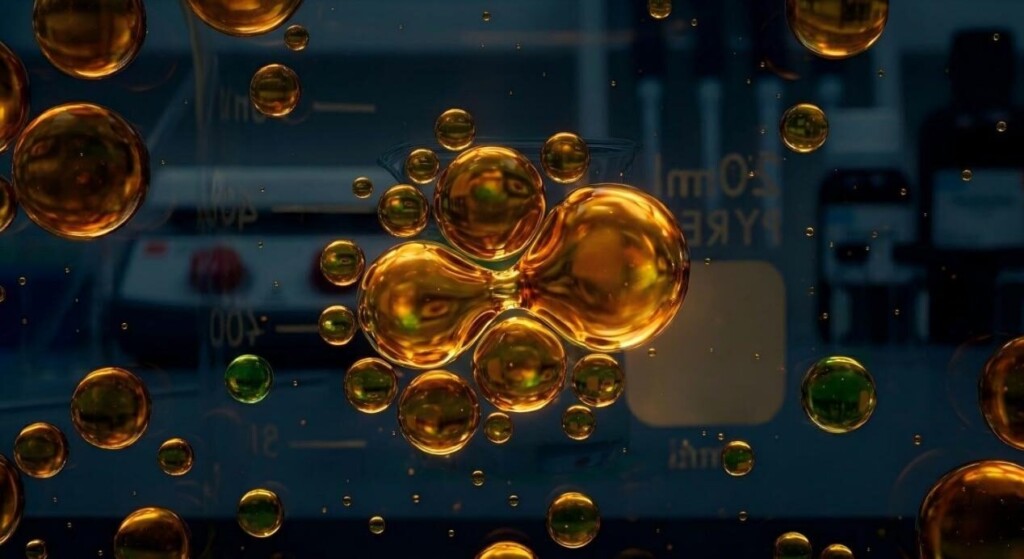A conceptual 3D rendering showing the microscopic coalescence of oil droplets in a liquid medium.