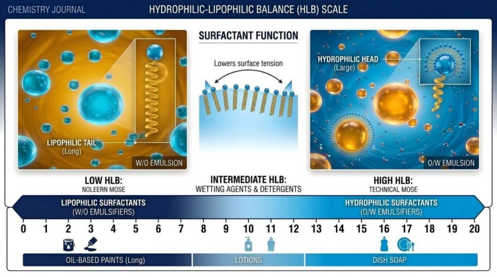 A professional infographic explaining the HLB scale (0-20) and its role in selecting the right surfactants for stable O/W and W/O emulsions.