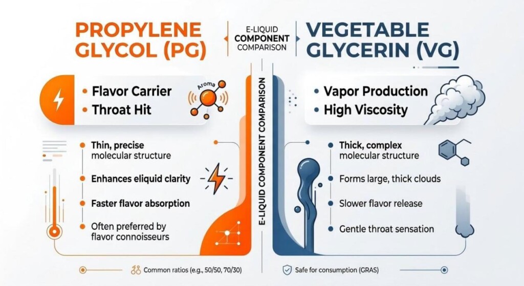 A sleek, corporate infographic comparing Propylene Glycol (PG) and Vegetable Glycerin (VG) features like flavor delivery, throat hit, and vapor density.
