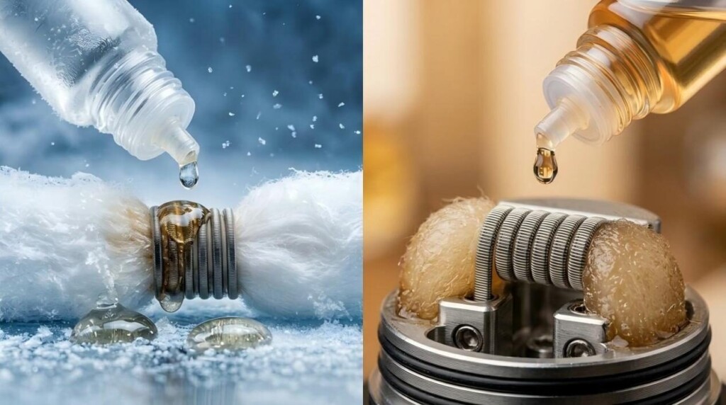A hyper-realistic visual comparison of fluid dynamics: thick VG e-liquid struggling to absorb into dry cotton in a cold environment versus balanced e-liquid smoothly saturating the wick.