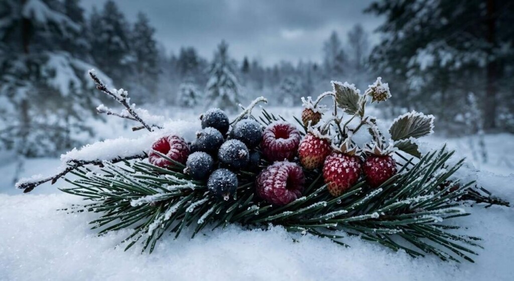 A moody, beautifully lit composition of frost-covered wild forest berries on dark pine needles and crisp snow, evoking a winter aesthetic.