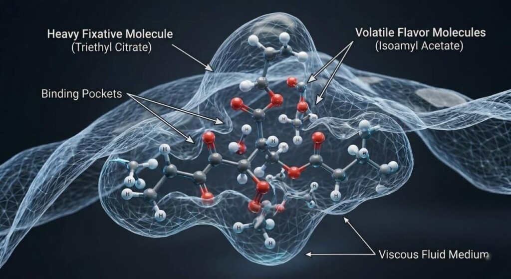An educational 3D molecular visualization demonstrating a heavy fixative molecule binding to volatile flavor components within a viscous fluid carrier.