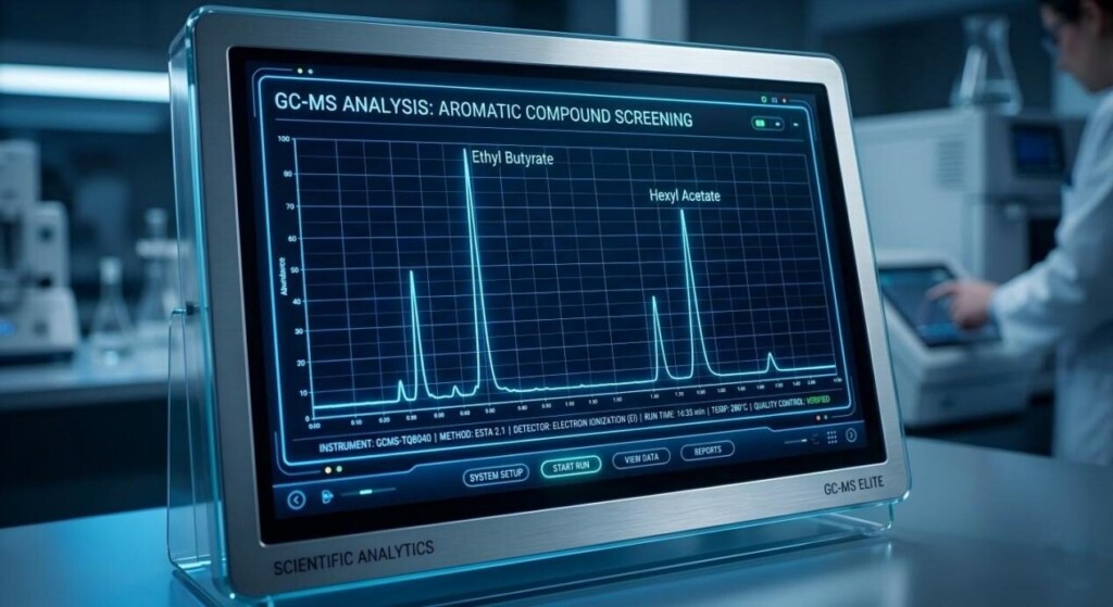 A modern digital GC-MS monitor interface displaying sharp chemical peaks for Ethyl Butyrate and Hexyl Acetate against a neon-blue grid for precise vape quality control.