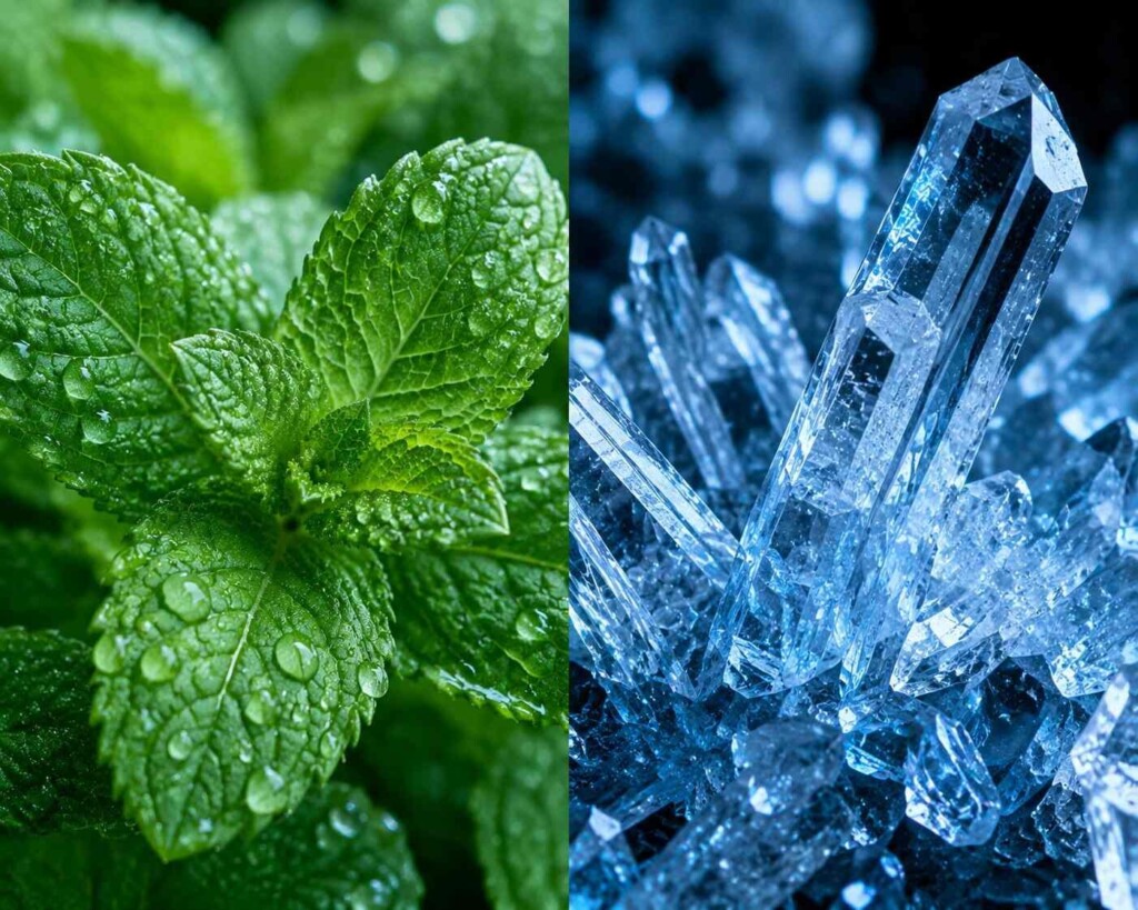 Split-image macro shot contrasting fresh peppermint leaves with synthetic blue cooling crystals, highlighting natural vs modern cooling sources.