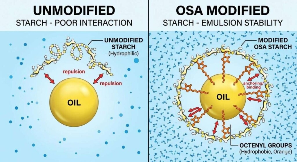A split-screen comparison showing how modified OSA starch anchors into oil droplets for superior stabilization.