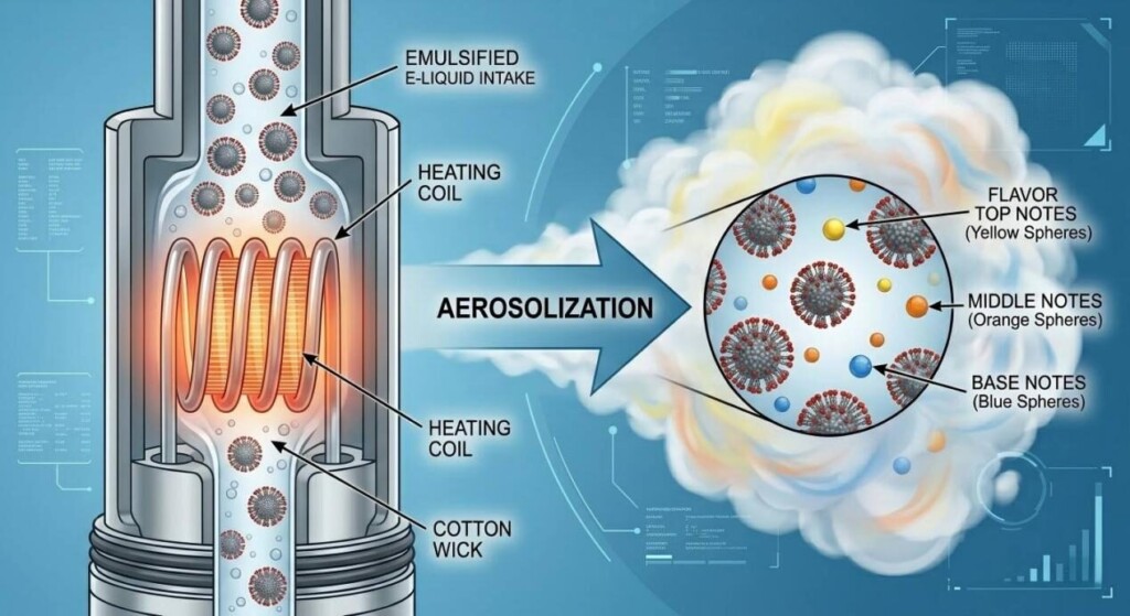 Technical infographic illustrating the transition of e-liquid to aerosol with uniform flavor release.