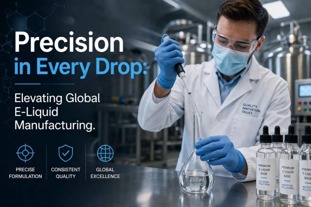 Professional banner featuring a chemist performing precise liquid formulation in a modern lab, emphasizing quality, consistency, and global e-liquid manufacturing excellence.
