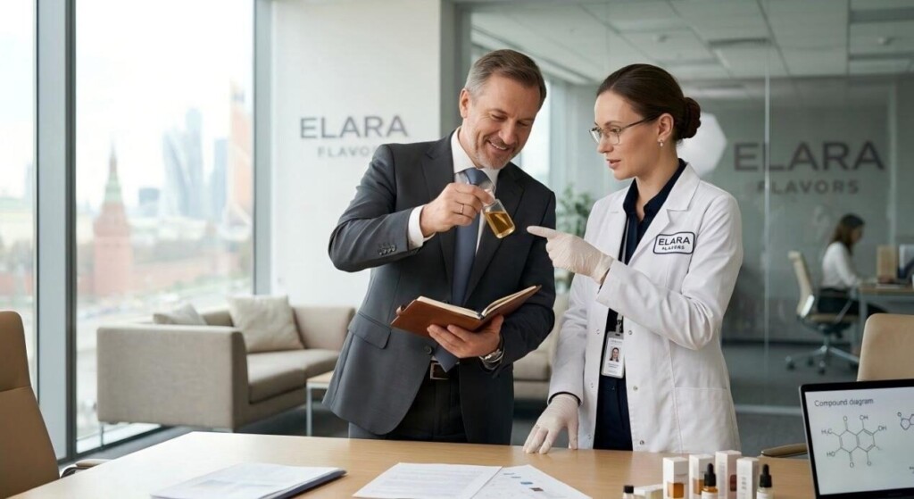 A professional B2B setting featuring a corporate businessman and a lab-coated chemist collaborating and examining premium e-liquid flavoring quality.