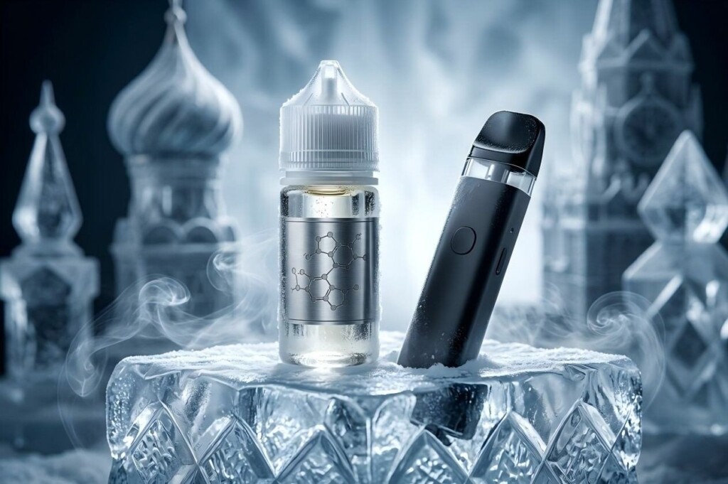 A visually striking commercial product shot featuring a premium e-liquid bottle on ice, demonstrating stability and clarity in freezing temperatures.