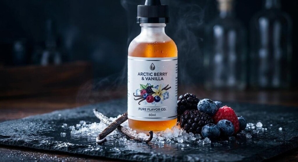 A stylized commercial product photograph of an Arctic Berry & Vanilla e-liquid bottle on a slate surface surrounded by fresh berries and vanilla beans.