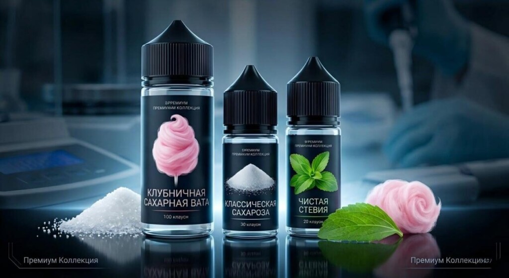 A cinematic display of premium e-liquid bottles alongside raw ingredients, highlighting quality and diverse flavor profiles.