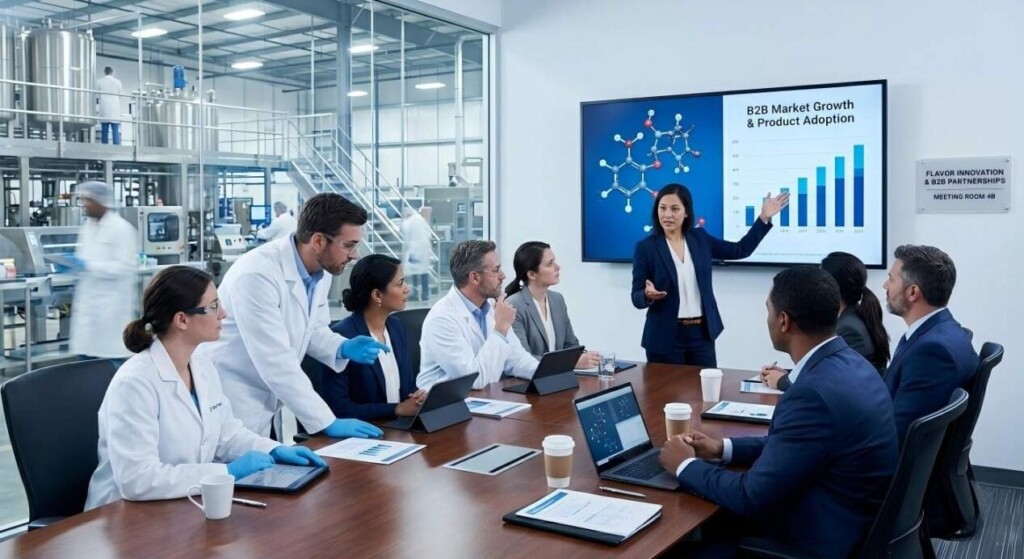 A professional corporate meeting inside a manufacturing facility where flavor chemists and B2B executives review molecular structures and market data.