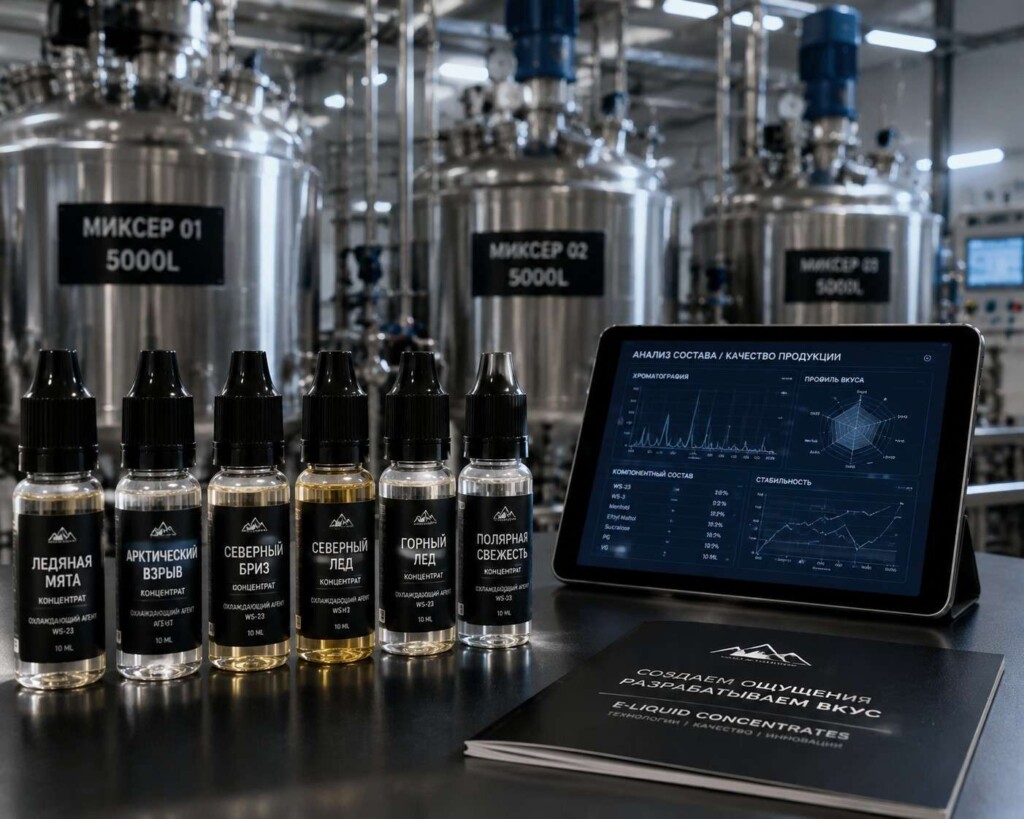 Modern e-liquid production facility featuring stainless steel vats, sample bottles with Russian labels, and digital chemical analysis for B2B clients.