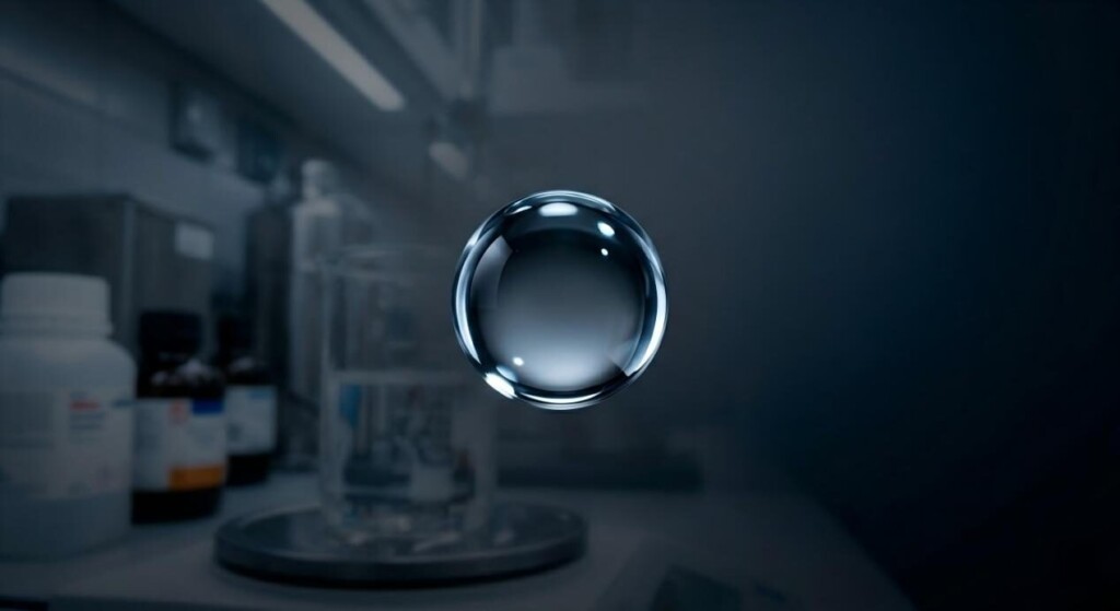 A visually striking macro photograph of a suspended e-liquid drop representing high-quality stability.