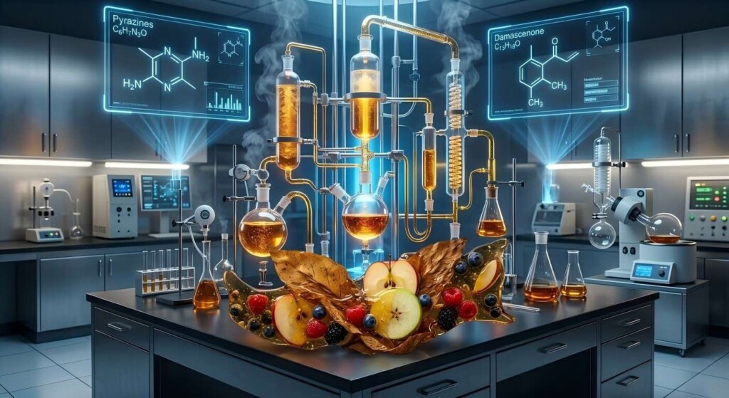 Футуристическая химическая лаборатория, демонстрирующая высокотехнологичную дистилляционную аппаратуру и голографические молекулярные дисплеи для экстракции ароматизаторов.