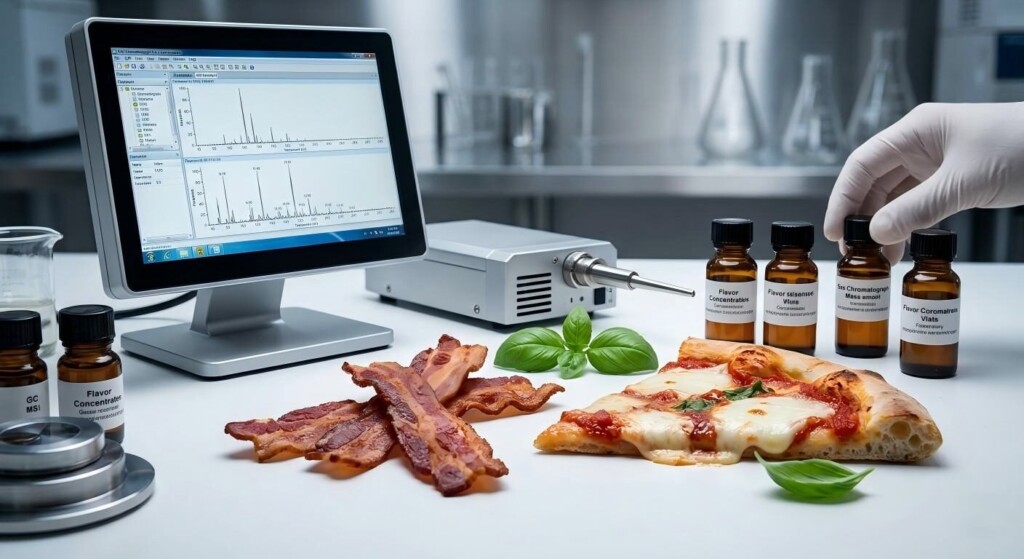 A photorealistic depiction of a modern B2B flavor laboratory, showcasing the intersection of advanced chemical engineering and culinary ingredient presentation.