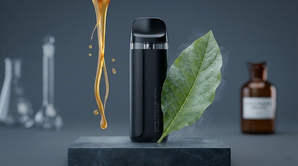 A high-end, commercial product shot of a refillable pod mod system surrounded by tobacco leaf and flavor elements.