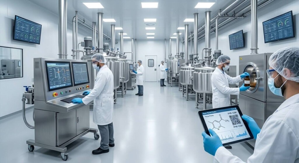 A professional, state-of-the-art flavor manufacturing facility featuring high-shear homogenizers and controlled cleanroom environments for B2B production.