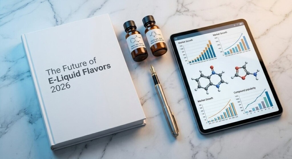 A sophisticated corporate flat lay featuring a market research report on the future of E-liquid flavors, ideal for B2B industry presentations.