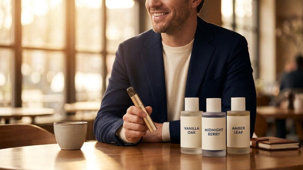 A satisfied, loyal vaping consumer enjoying a premium signature e-liquid in an upscale setting — the end result of scientifically engineered flavor blends that build lasting brand connections.