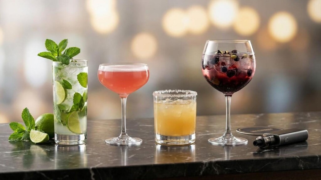 A row of premium alcohol-free cocktail mocktails displayed beside a sleek vape device — illustrating the growing trend of mocktail-inspired e-liquid flavor formulation explored in this technical article by CUIGUAI Flavoring.