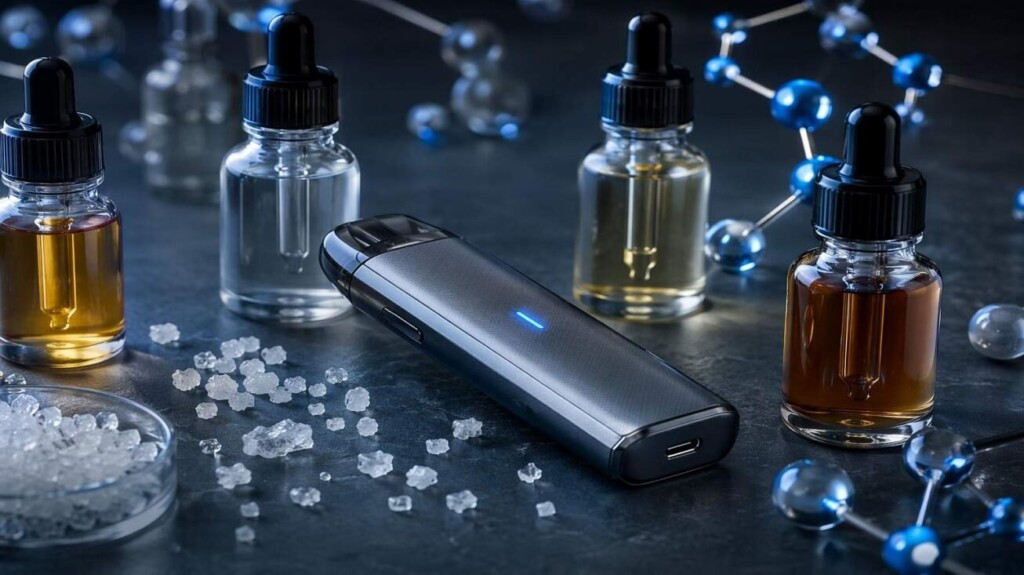 A sleek pod vape system device surrounded by flavor concentrate bottles and nicotine salt crystals — hero image for CUIGUAI Flavoring's comprehensive technical guide on designing e-liquid flavors specifically for low-power pod system devices.