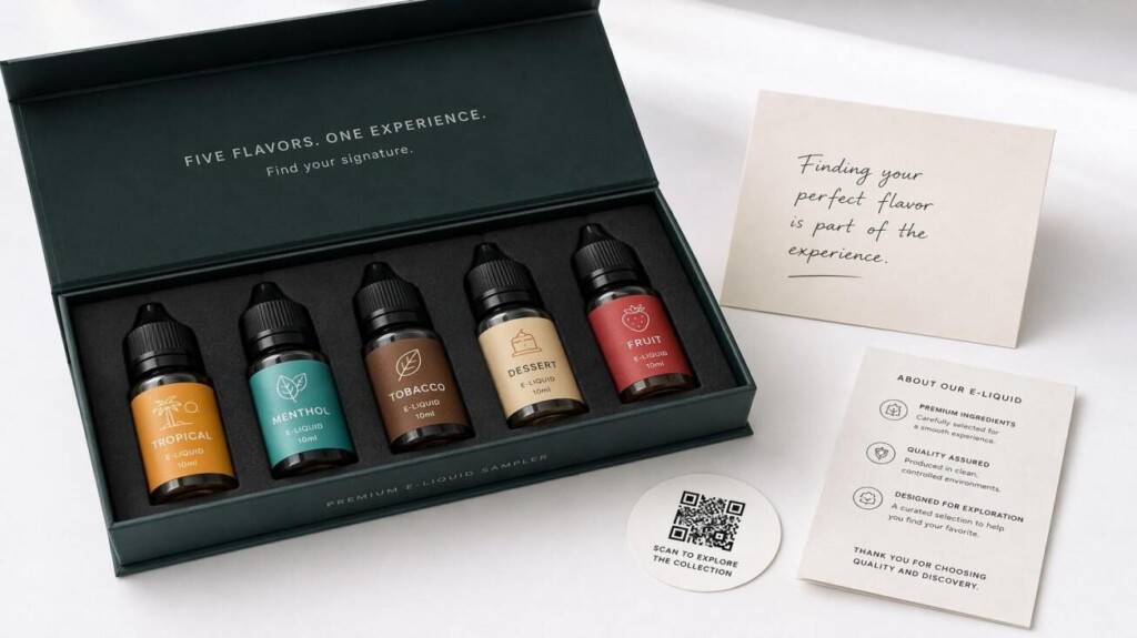 Un pack d'échantillons de e-liquide haut de gamme comprenant cinq flacons colorés de 10 ml, une carte manuscrite, un code QR et une brochure produit — image principale du guide technique de CUIGUAI Flavoring sur la psychologie des programmes d'échantillonnage de e-liquide et la conception de packs favorisant la conversion d'achat.