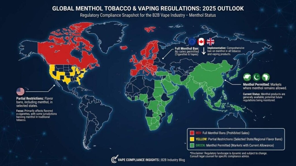 A color-coded world map of global menthol tobacco and e-liquid regulations in 2025: red for banned markets (EU, Canada, UK), yellow for partial restrictions (US), green for growth markets (Southeast Asia, Middle East, East Asia) — from CUIGUAI Flavoring's regulatory intelligence guide.