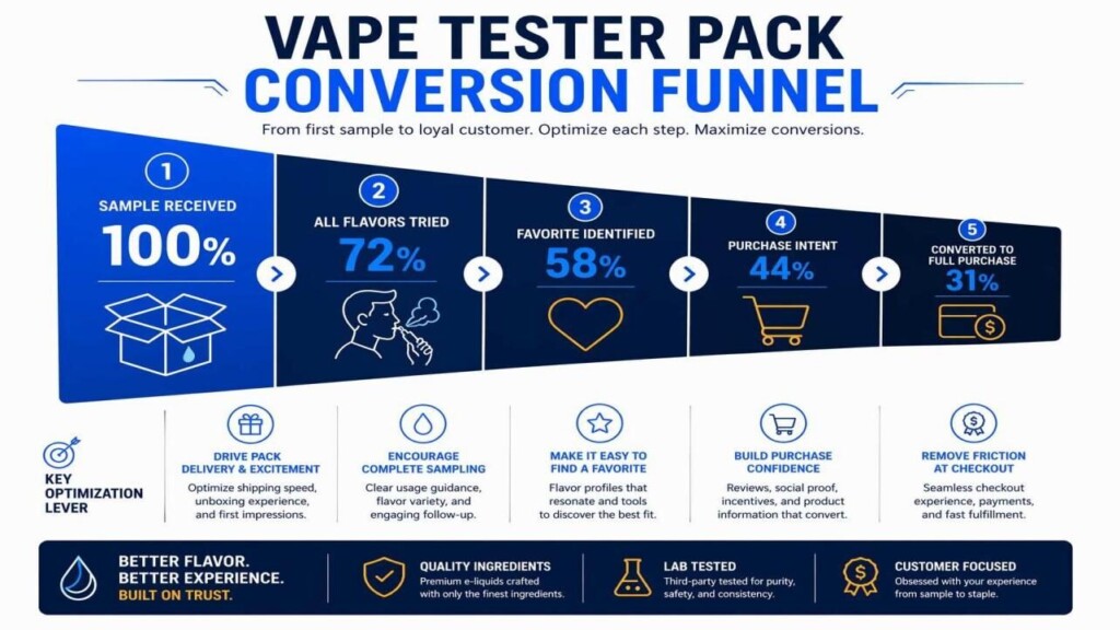 Une infographie en cinq étapes du tunnel de conversion pour les packs d'échantillons de e-liquide — Échantillon reçu (100%), Toutes les saveurs essayées (72%), Favori identifié (58%), Intention d'achat (44%), Conversion en achat complet (31%) — illustrant les leviers d'optimisation à chaque étape, tirés du guide stratégique de CUIGUAI Flavoring.
