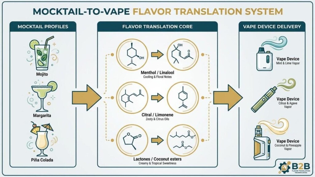 A technical infographic showing the flavor translation pipeline from mocktail cocktail icons (Mojito, Margarita, Piña Colada) through key aroma compounds (menthol/linalool, citral/limonene, lactones/coconut esters) to their equivalent aerosol vape formulation — by CUIGUAI Flavoring.