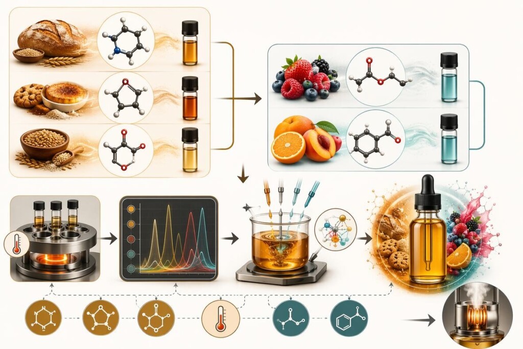 رسمة تقنية توضح عملية تطوير نكهة المزيج، تظهر اختبار وتوليف جزيئات عطر المخبوزات واسترات الفاكهة، وتقييمها لتحقيق ملف نكهة متوازن من نوع الكوابلر أو الفطيرة.