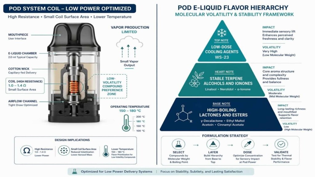 A split-panel technical diagram showing a pod system coil cross-section (1.0-1.4 ohm, 150-180 degrees C, limited vapor production) alongside a three-layer flavor compound hierarchy pyramid for pod-optimized e-liquids — from CUIGUAI Flavoring's pod flavor formulation guide.